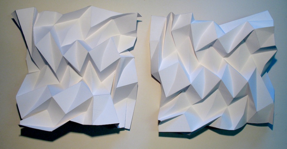 Flute Paperfold 5 (Opposites Attract)- flute paper, 47 x 47 x 15cm x 2units, 2009